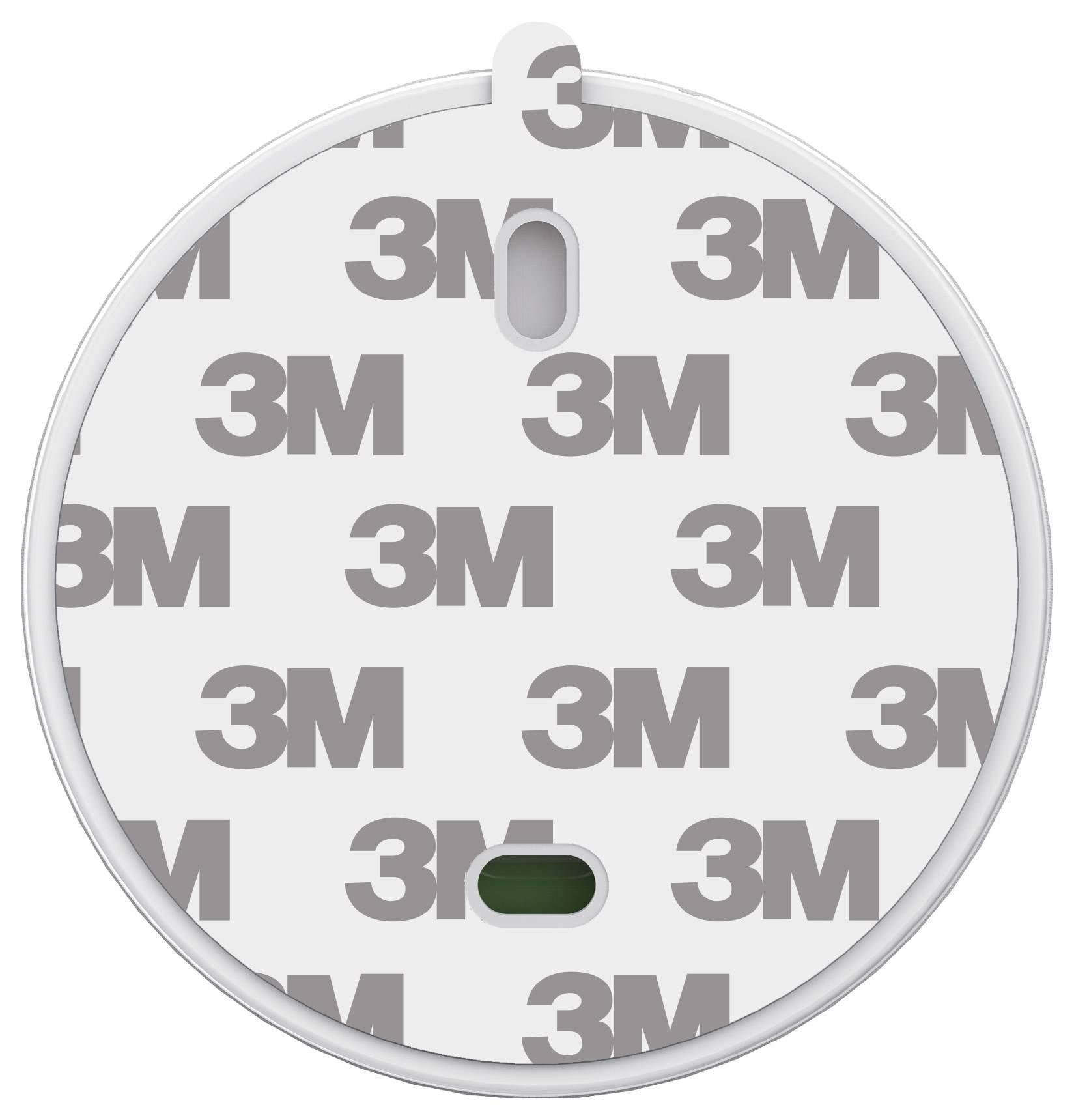 Een ronde schijf met het '3M'-logo dat herhaaldelijk in grijs erop gedrukt is. Er zijn twee kleine sleuven zichtbaar, één in het midden bovenaan en nog één in het midden onderaan.