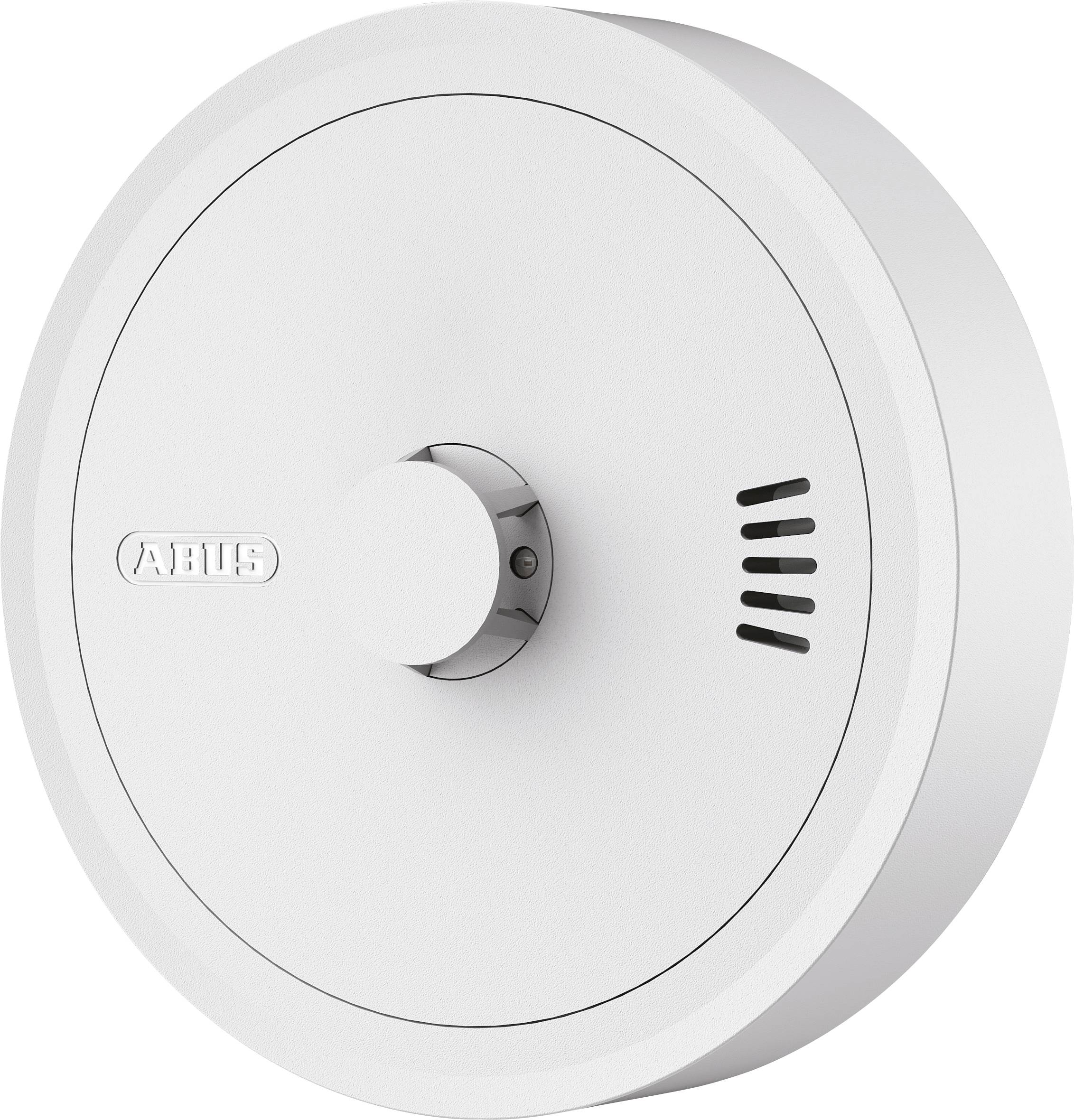 'Een witte, ronde rookmelder met een centrale knop en ventilatiesleuven, waarop de merknaam is weergegeven.'