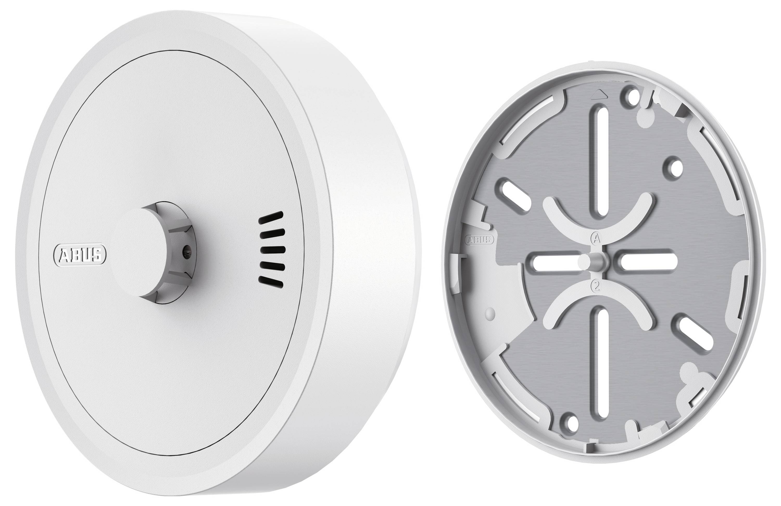 'ABUS' merkronde rookmelder met een bevestigingsbeugel ernaast, met weergave van installatiecompatibiliteit en ontwerp.
