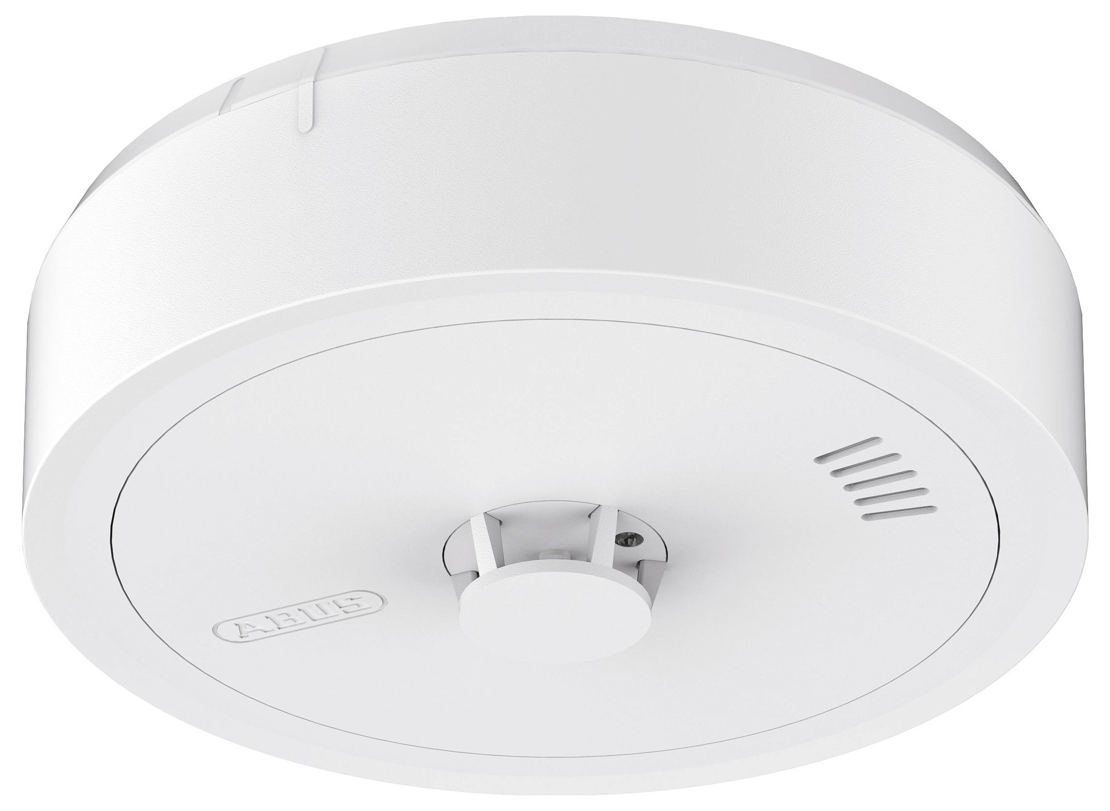 Een ronde, witte rookmelder met een centraal sensor en ventilatiesleuven, gemonteerd aan het plafond.