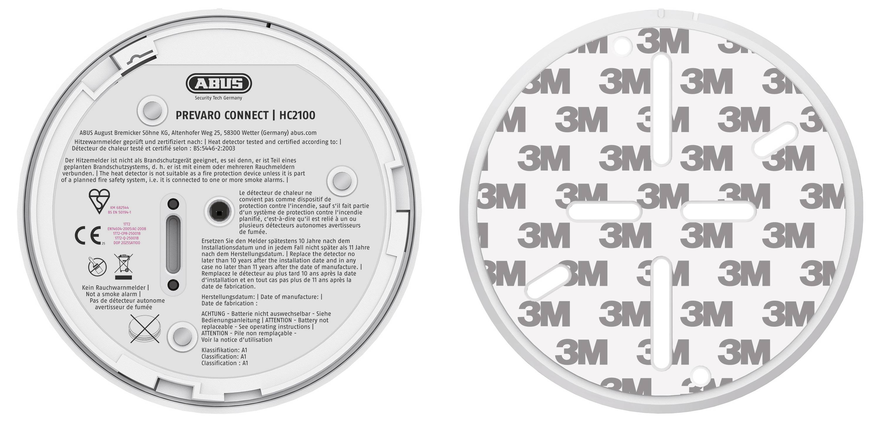 'ABUS PRIVACY CONNECT HC1000' toont de achterkant van een rookmelder, met tekstinstructies, certificatiesymbolen en een montagegebied met '3M' kleefstof.