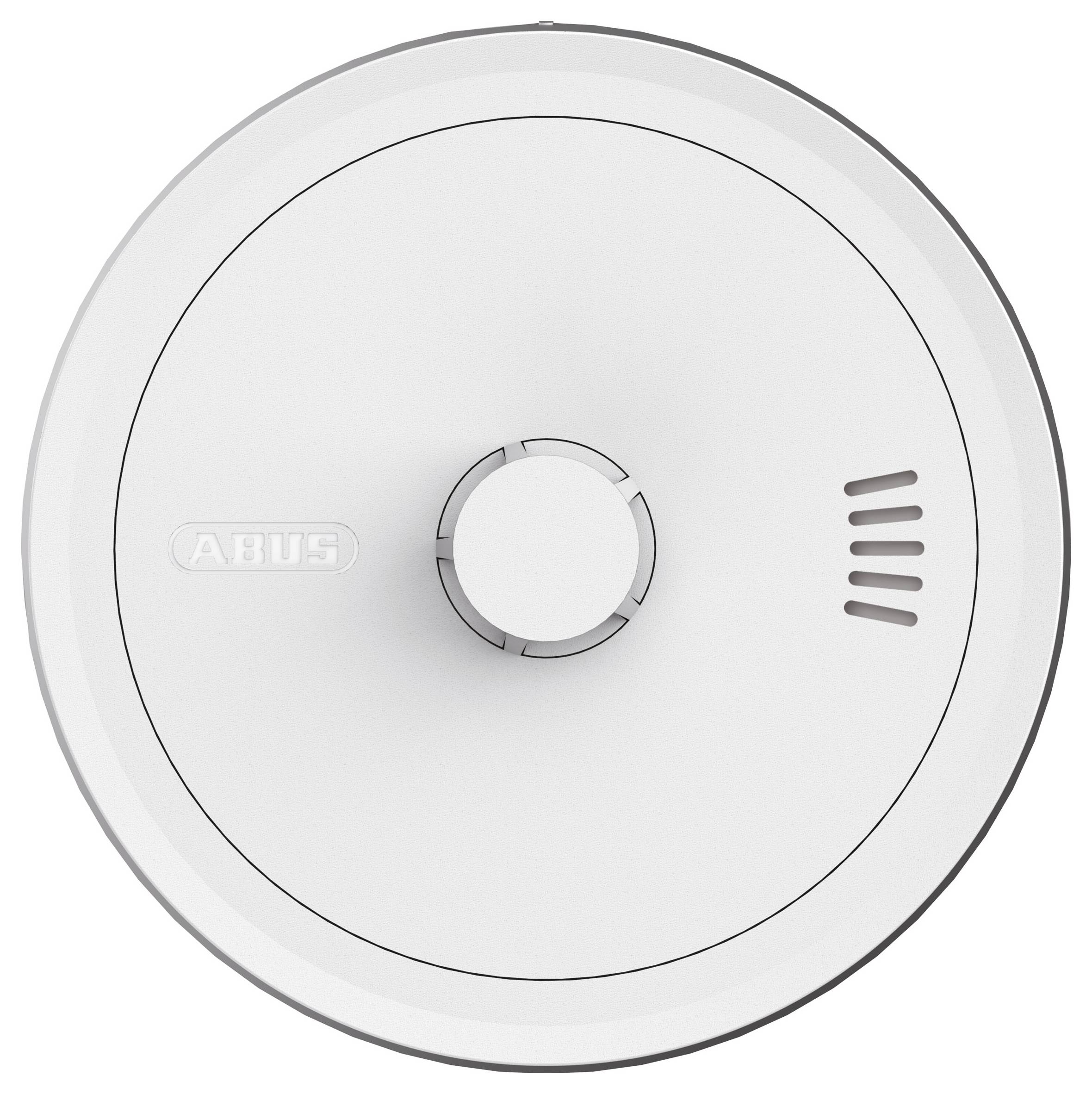 Een witte rookmelder met het 'ABUS'-logo aan de zijkant, voorzien van een centrale knop en ventilatieopeningen aan één zijde.