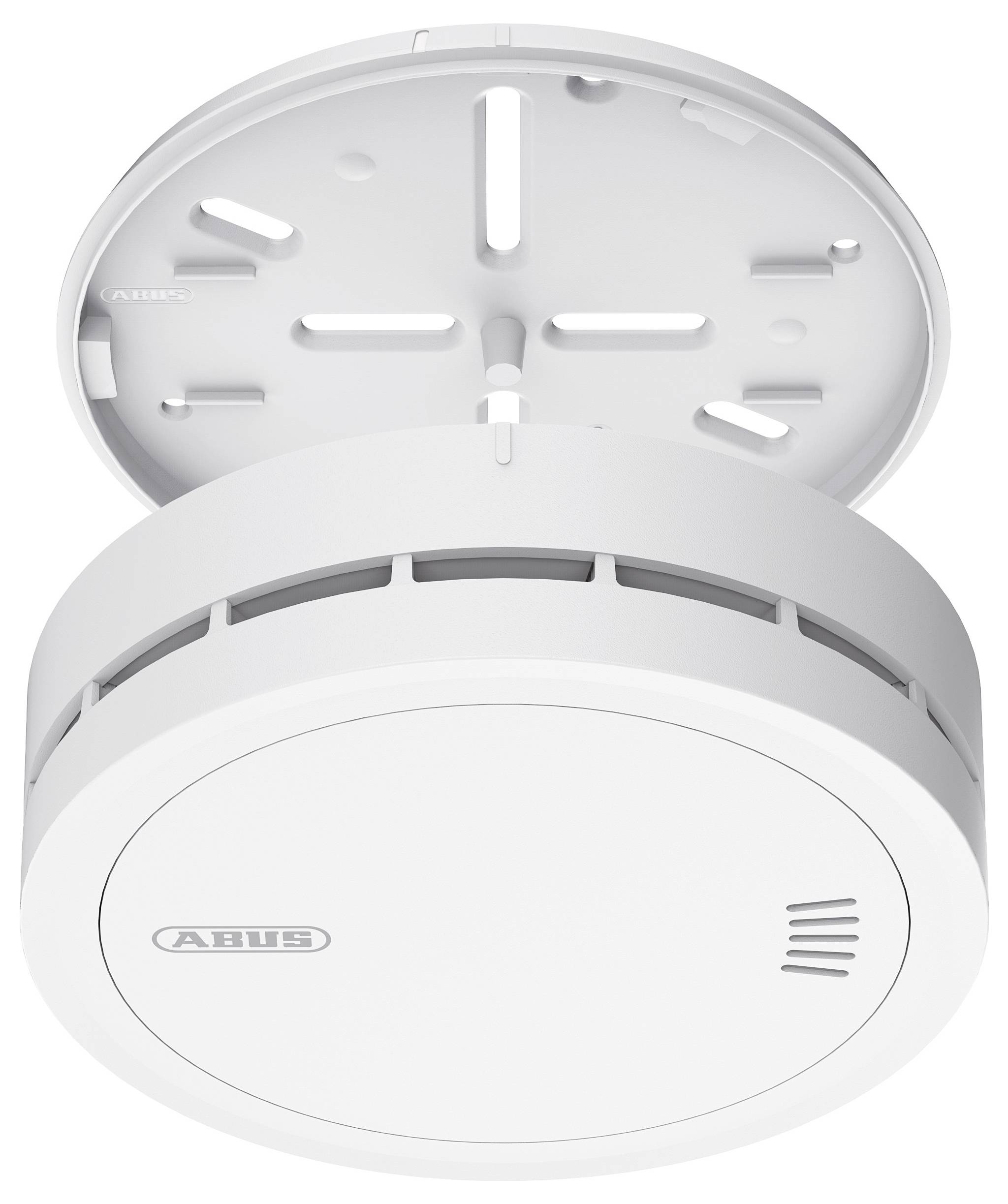 Een witte rookmelder van ABUS met verwijderde montageholder, toont ventilatiesleuven en testknop.