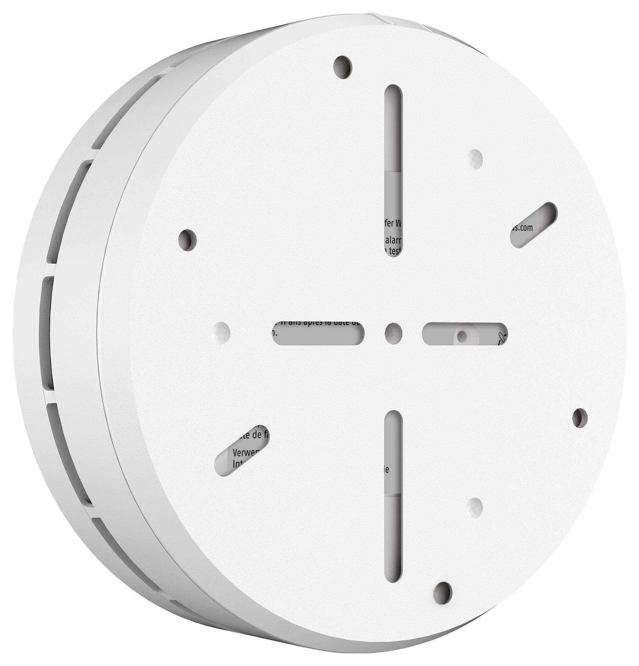 Ronde, witte rookmelder met ventilatiesleuven en schroefgaten voor montage aan het plafond.