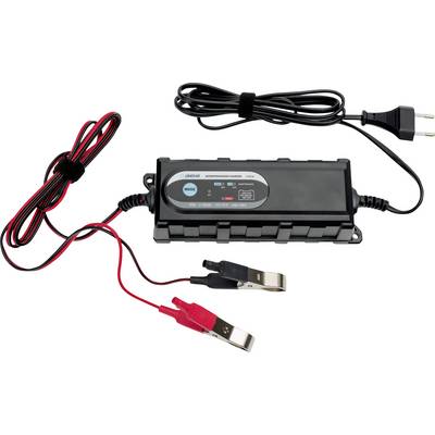 Batterijlader met rode en zwarte kabelklemmen en netsnoer. Het apparaat toont laadmodi en statusindicatoren op het voorpaneel.
