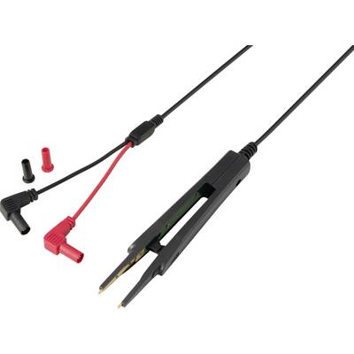 Multimeter-testkabels in zwart en rood met hoekige bananenstekkers en geïsoleerde sondetips, weergegeven met uitwisselbare rode en zwarte stekkerkapjes.