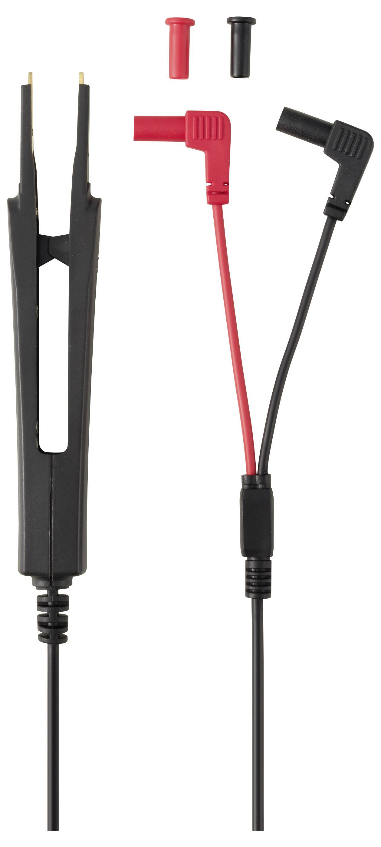 Twee geïsoleerde elektrische testsondes met beschermende puntkappen, weergegeven in rood en zwart, samen met een zwarte gespleten sondeadapter.