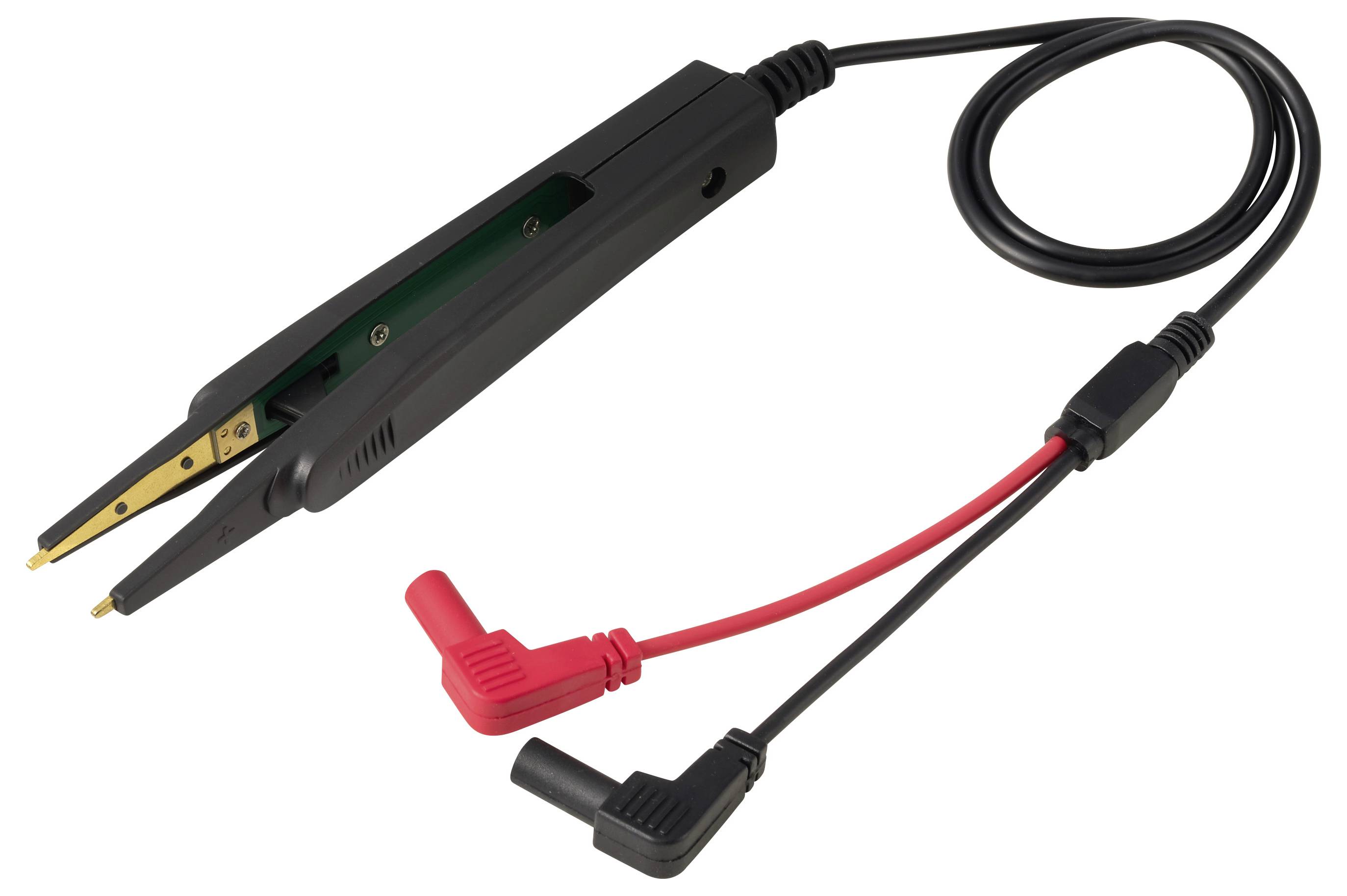 Een zwarte elektronische testpuntaanset met gouden contactpunten en rode en zwarte klemkabels verbonden met kabels.