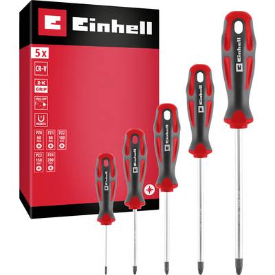 Einhell 5-delige schroevendraaier set met rood-zwarte handvatten en productdoos, met vijf assorteerde schroevendraaiers in verschillende maten.