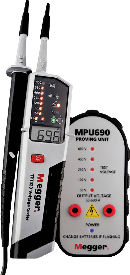 'MPU690 Bewijseenheid en TPT420 Spanningstester' worden weergegeven. De tester toont '696'. De bewijseenheid heeft spanningsinstellingen van 10V tot 690V.