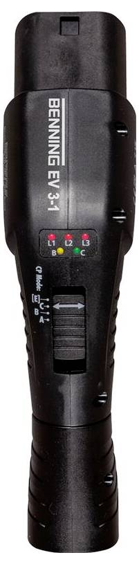 Een zwarte spanningstester met het label 'BENNING EL 1-3', voorzien van indicatorlampen en een schakelaar voor spanningsbereik, ontworpen voor elektrische probleemoplossing.