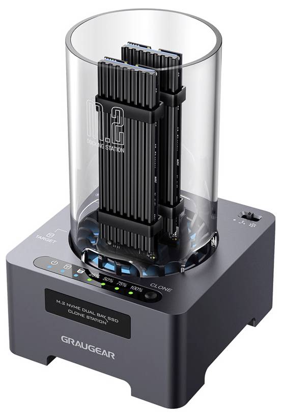 M.2 NVME duaal bay kloonstation, met twee SSD's ingebracht. Het apparaat heeft kloonstatusindicatoren en zichtbare poorten, gebranded 'Graugear'.