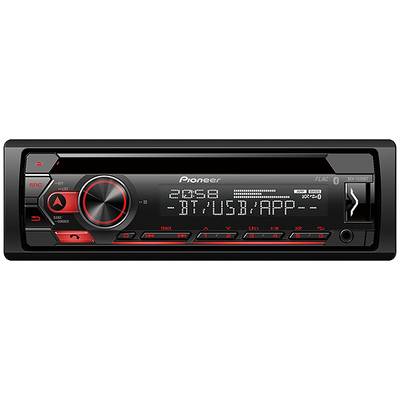 Auto-audioset met digitaal display dat '2:36 BT/USB/APP' toont en rode bedieningsknoppen, merknaam 'Pioneer' zichtbaar.