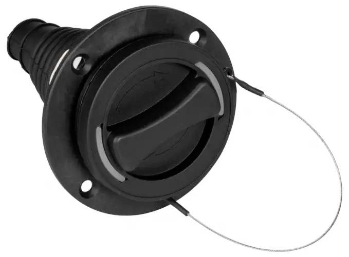 Een zwarte vergrendelbare bevestiger met een ronde voet en aangesloten kabel, ontworpen voor het beveiligen van items of compartimenten.
