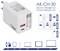 Een witte wandoplader met het label 'AK-CH-30' met meerdere USB-poorten, die Quick Charge 3.0 en Power Delivery 3.0 ondersteunt, voor verschillende apparaten.