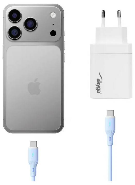 Een smartphone met een triple-lens camera naast een wandlader en een USB-C-kabel, waarbij compatibele laadaccessoires worden gemarkeerd.