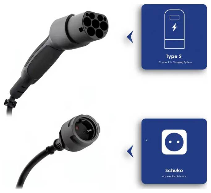 Elektrische autooplaadkabels: Type 2-connector voor oplaadsystemen en Schuko-stekker voor elk elektrisch apparaat.