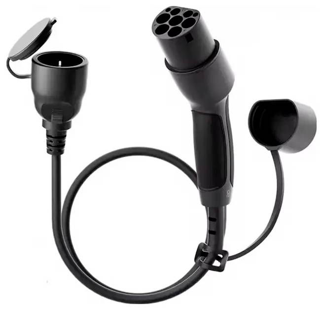 'EV-laadkabel met een stekker aan de linkerkant en laadconnector aan de rechterkant, beide met beschermkappen. Geschikt voor elektrische voertuigen.'