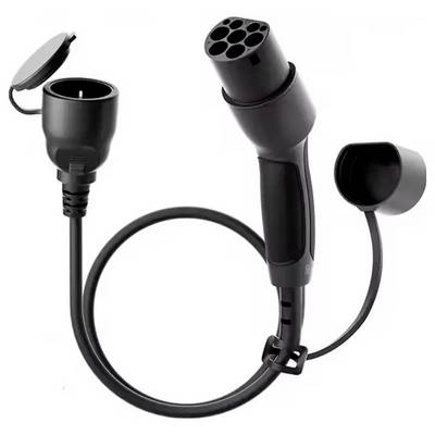 'EV-laadkabel met een stekker aan de linkerkant en laadconnector aan de rechterkant, beide met beschermkappen. Geschikt voor elektrische voertuigen.'