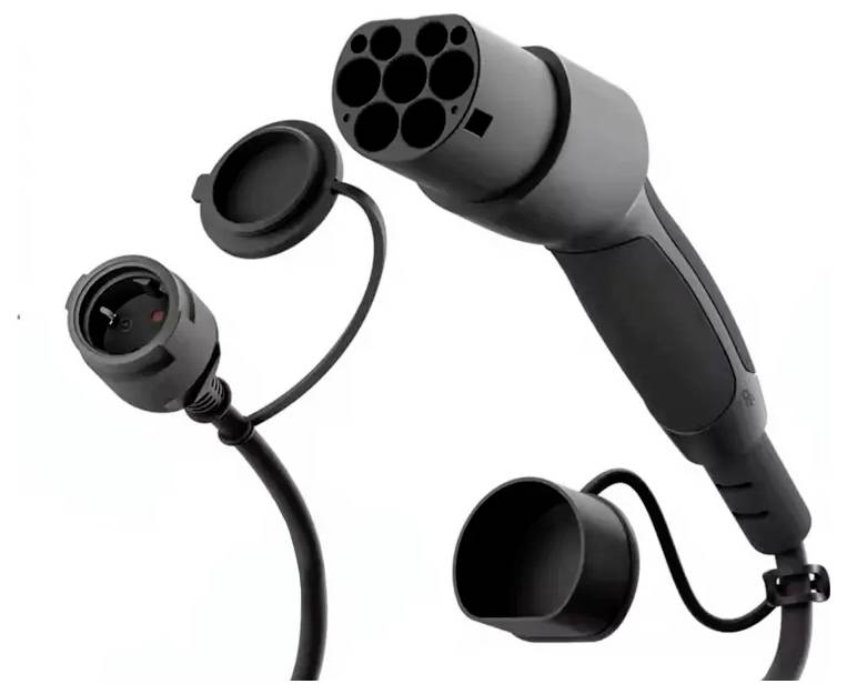 Een oplaadstekker en contactdoos voor elektrische voertuigen, met een multi-pin connector en beschermkappen, ontworpen voor veilige en efficiënte strokoverdracht.