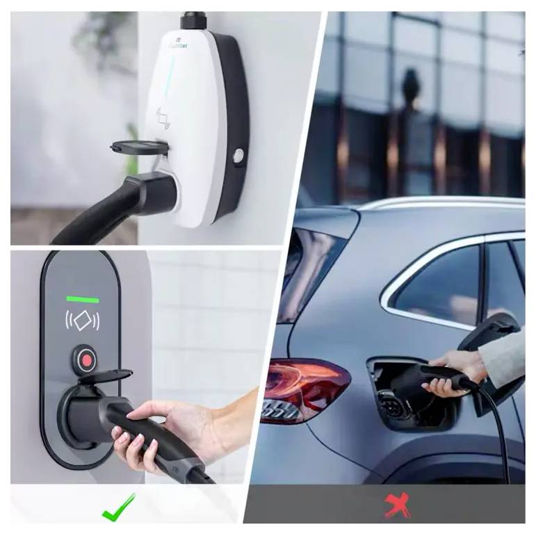 Afbeelding met twee elektrische autooplaadstations. Het linkeroplaadstation is gemarkeerd met een groen vinkje voor juistheid, terwijl het rechterstation een rood kruis heeft, wat onjuist gebruik aangeeft.