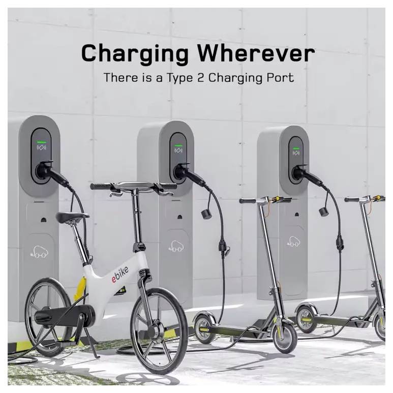 Fietsen en scooters laden op bij elektrische stations. Tekst zegt 'Overal laden. Er is een Type 2 laadaansluiting'.