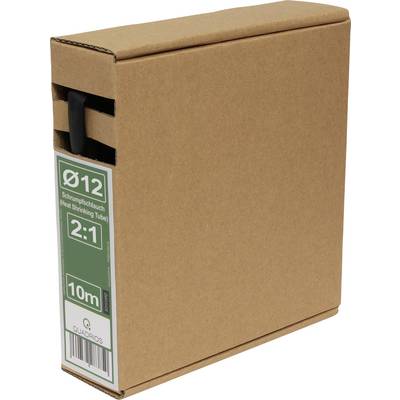 Een kartonnen doos met het label 'Heat Shrinking Tube' Ø12, 2:1 ratio, 10m lengte, van Quadrios, met een zwart onderdeel zichtbaar aan de zijkant.