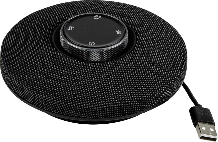 Een zwarte, ronde speakerphone met volume- en mutebesturingselementen aan de bovenkant, verbonden via een USB-kabel.