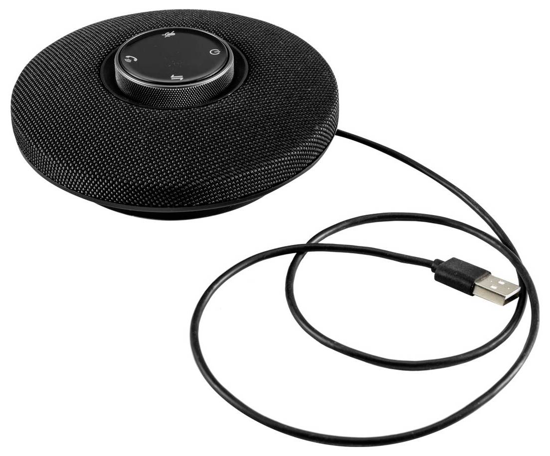 Een ronde, zwarte USB-luidsprekertelefoon met bedieningsknoppen bovenop en een aangesloten kabel, gebruikt voor conferentiegesprekken en audio-invoer/-uitvoer.