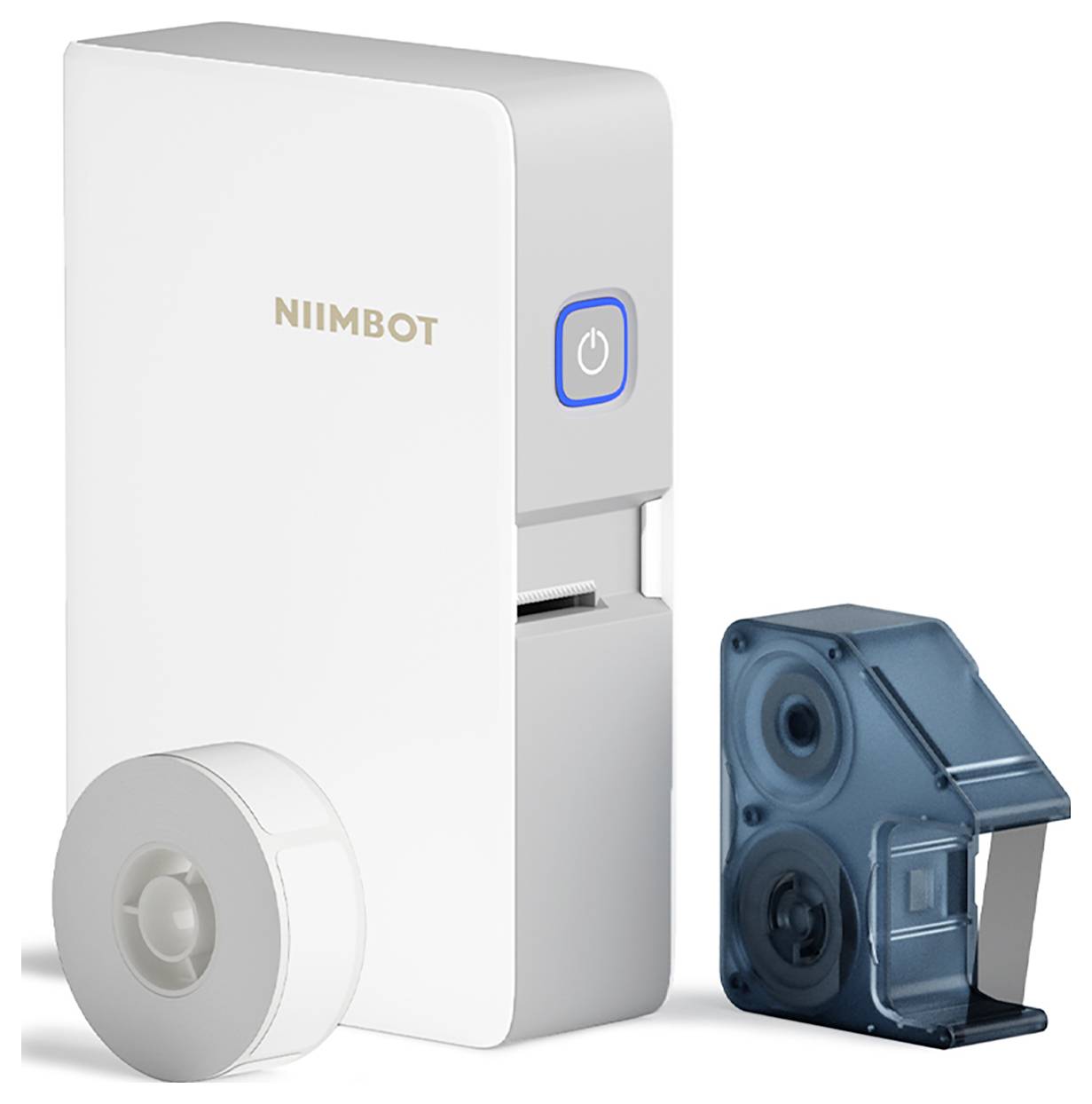 Draagbare NIIMBOT labelprinter met een labelrol en blauwe transparante tapecartridge ernaast weergegeven.