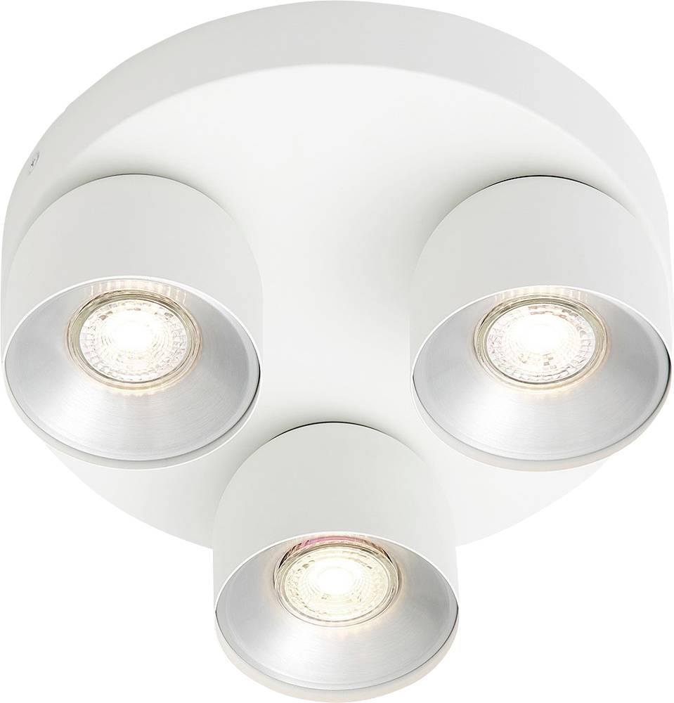 Een witte, drie-peertjes plafondlamp met verstelbare spots, ontworpen voor moderne huisinterieurs, die heldere verlichting uitstraalt.
