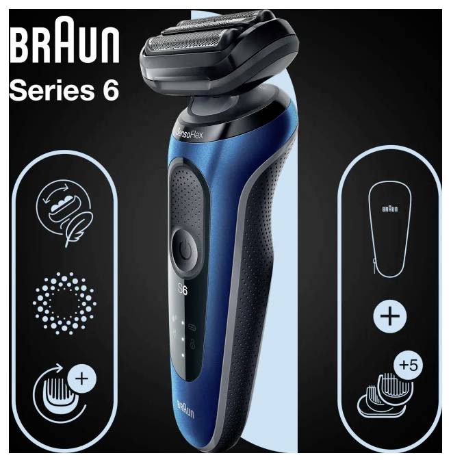 Elektrische scheerapparaat advertentie met het Braun Series 6 model, waarin 'SensoFlex' technologie, ergonomisch ontwerp en haaruittrekfuncties worden belicht.