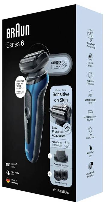 'Braun Series 6 SensoFlex scheerapparaat weergegeven op verpakking. Highlights zijn onder andere zeer dicht scheren, aanpassing aan gevoelige huid en nauwkeurig trimmen.'