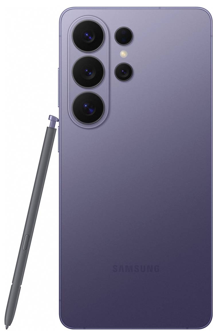 Een smartphone met drie grote cameralensen op de achterkant, een extra kleinere lens en een stylus die tegen het apparaat rust.