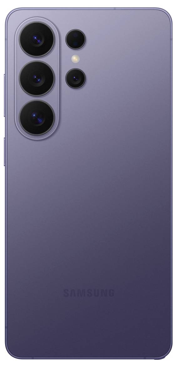 Een paarse smartphone met vier achteercamera's en een minimalistische design, gezien van achteren.