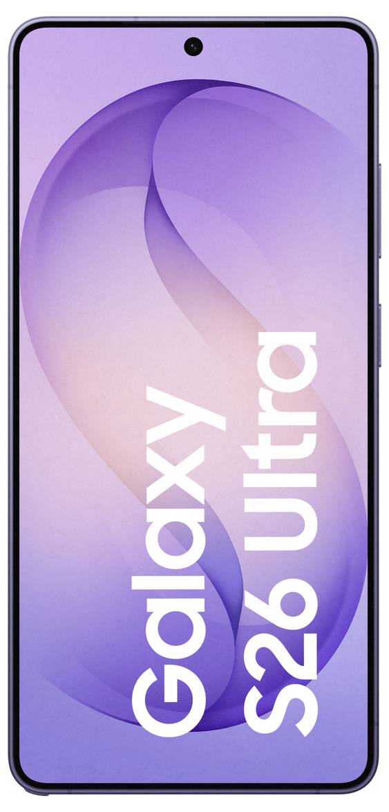 Een smartphone toont een paarse abstracte achtergrond met de tekst 'Galaxy S26 Ultra' op het scherm. De telefoon heeft een elegant design.