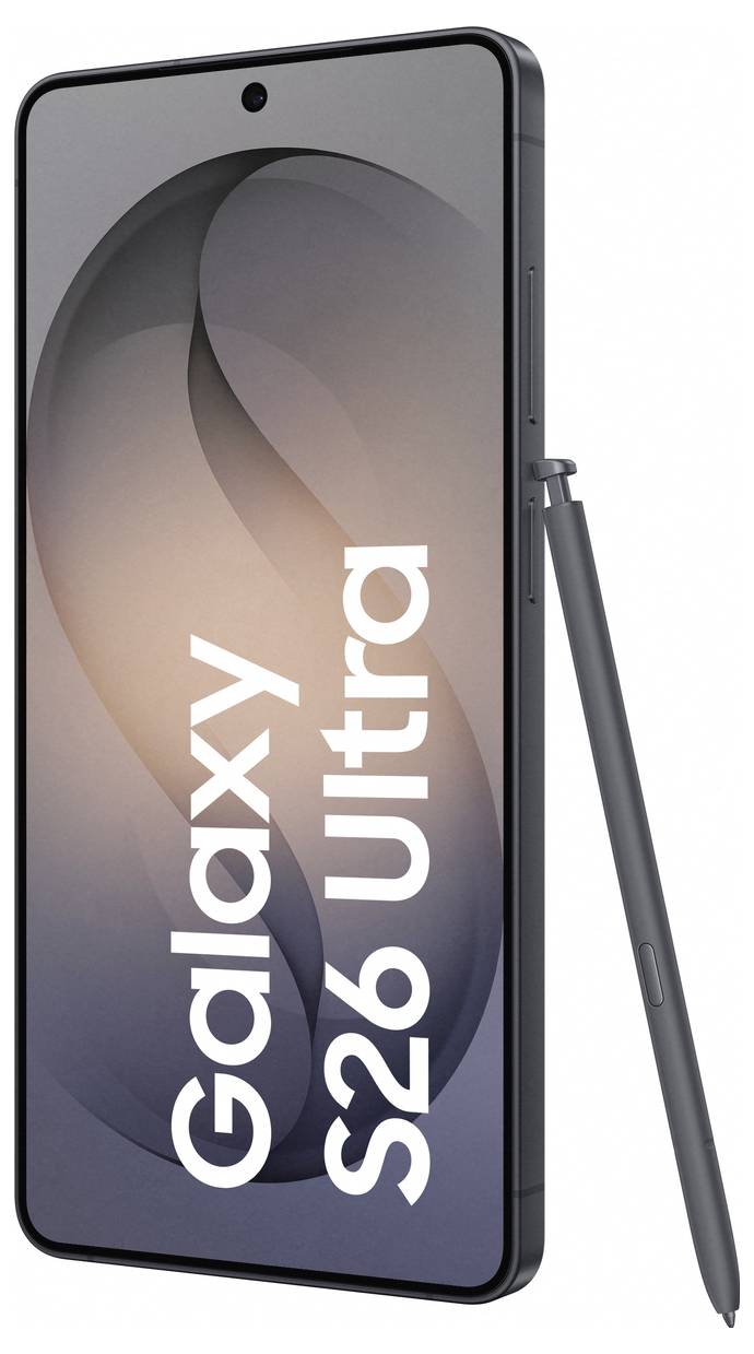 Smartphone met de titel 'Galaxy S26 Ultra' verticaal weergegeven met een stylus ernaast, met een strak, modern ontwerp.