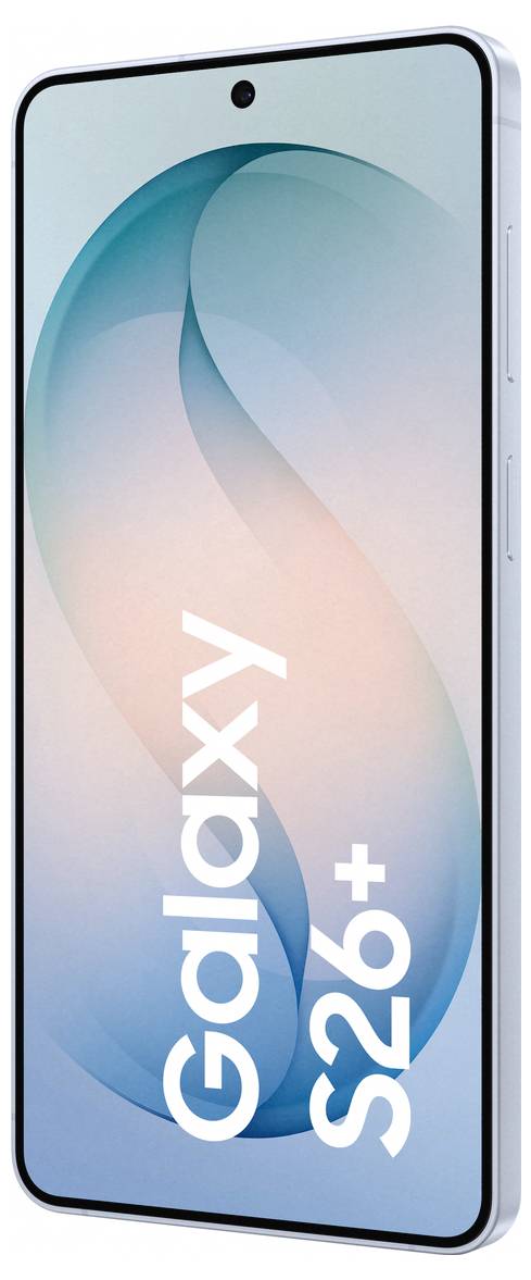 Smartphone met een groot scherm dat een lichte gradiëntachtergrond weergeeft. De woorden 'Galaxy S26+' zijn prominent weergegeven.