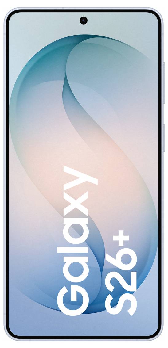 'Samsung Galaxy S26+' smartphone weergegeven, voorkant zichtbaar met schermafbeelding van abstract blauw en roze wervelontwerp, logo op het onderste gedeelte.