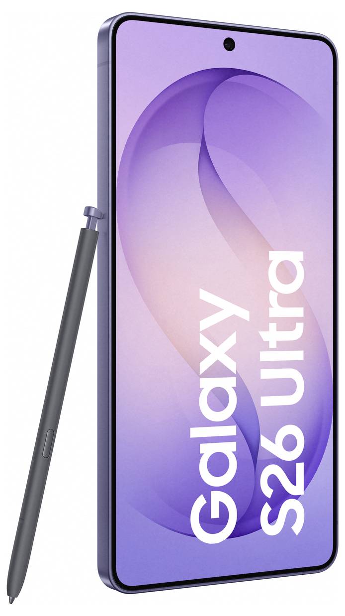'Samsung Galaxy smartphone in lavendel kleur, achteraanzicht met vier cameralens en logo van het bedrijf aan de onderkant.'