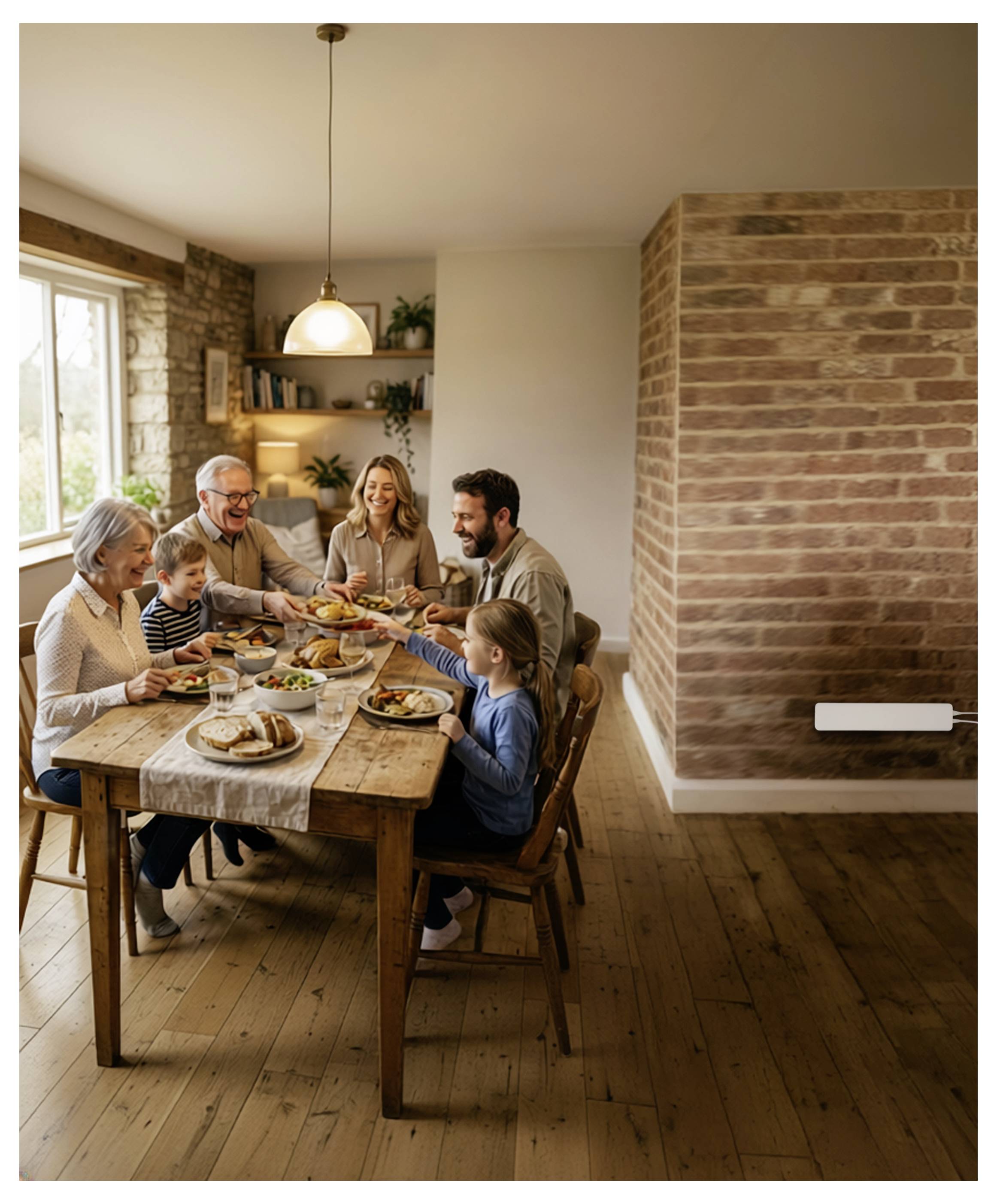 Een multigenerationeel gezin dat een maaltijd deelt rond een houten eettafel in een gezellige eetkamer.