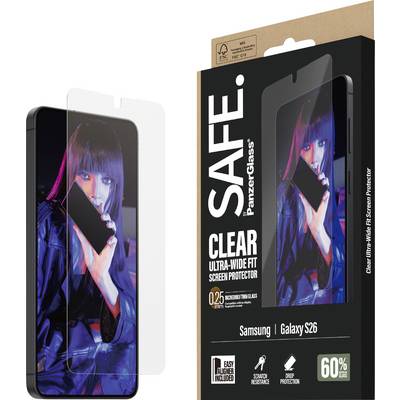 'SAFE. PanzerGlass. Clear Ultra-Wide Fit Schermprotector' verpakking voor Samsung Galaxy S26, met nadruk op slimme bescherming en eenvoudige installatie.