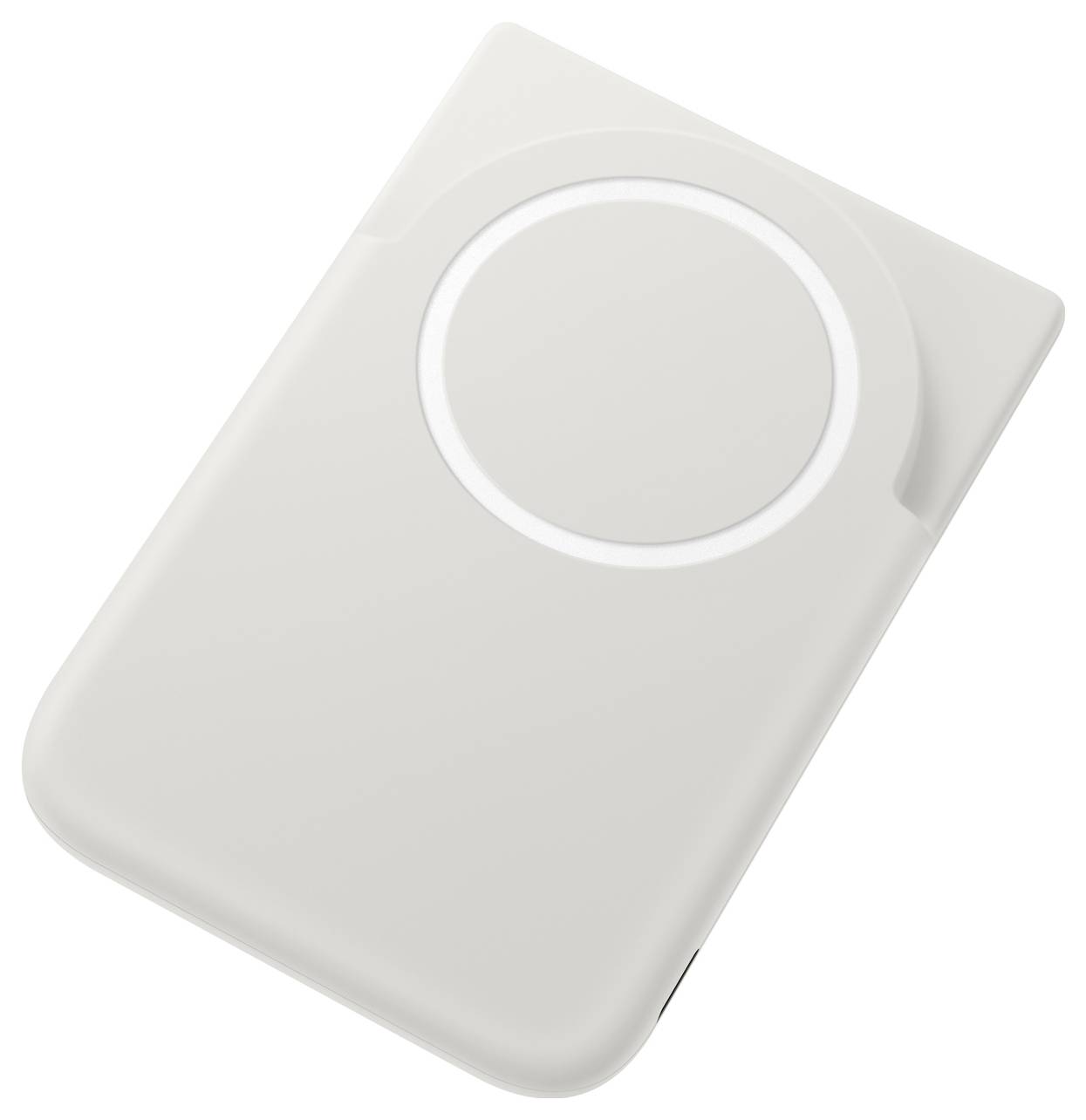 Een slank, rechthoekig wit apparaat met een cirkelvormige indrukking aan één kant, mogelijk voor een laad- of aansluitingsfunctie.