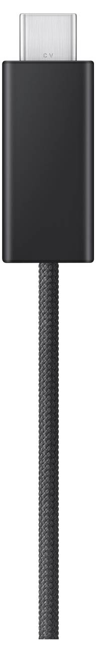 Een zwarte gevlochten USB-C-kabel, verticaal gepositioneerd, met de USB-C-aansluiting aan de bovenkant.