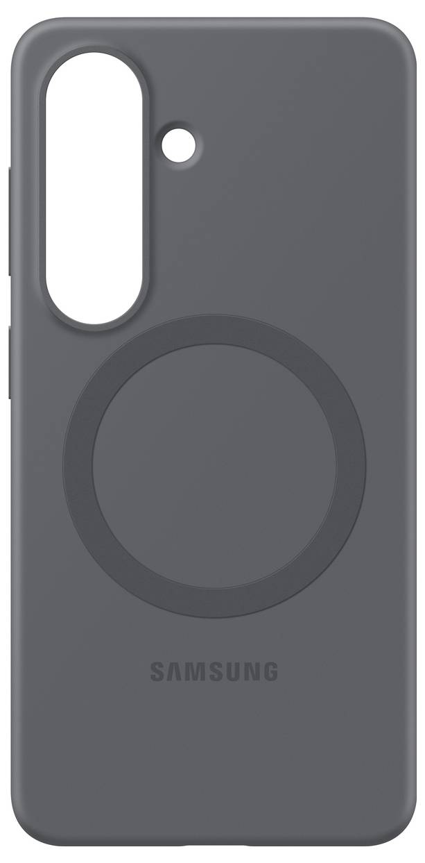 Een donkergrijs Samsung-telefoonhoesje met een grote cameruitsnijding en een circulair ontwerp op de achterkant.