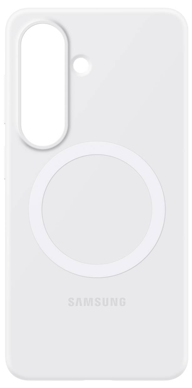 Een witte Samsung-telefoonhoesje met een camera-uitsnijding en een cirkelvormig ontwerp in het midden.