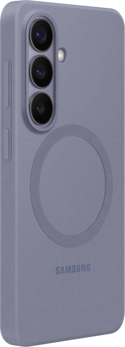 Een blauwe Samsung-smartphone met drie achteruitrijcamera's en een rond ontwerp aan de achterkant, waarbij de camerafuncties worden benadrukt.