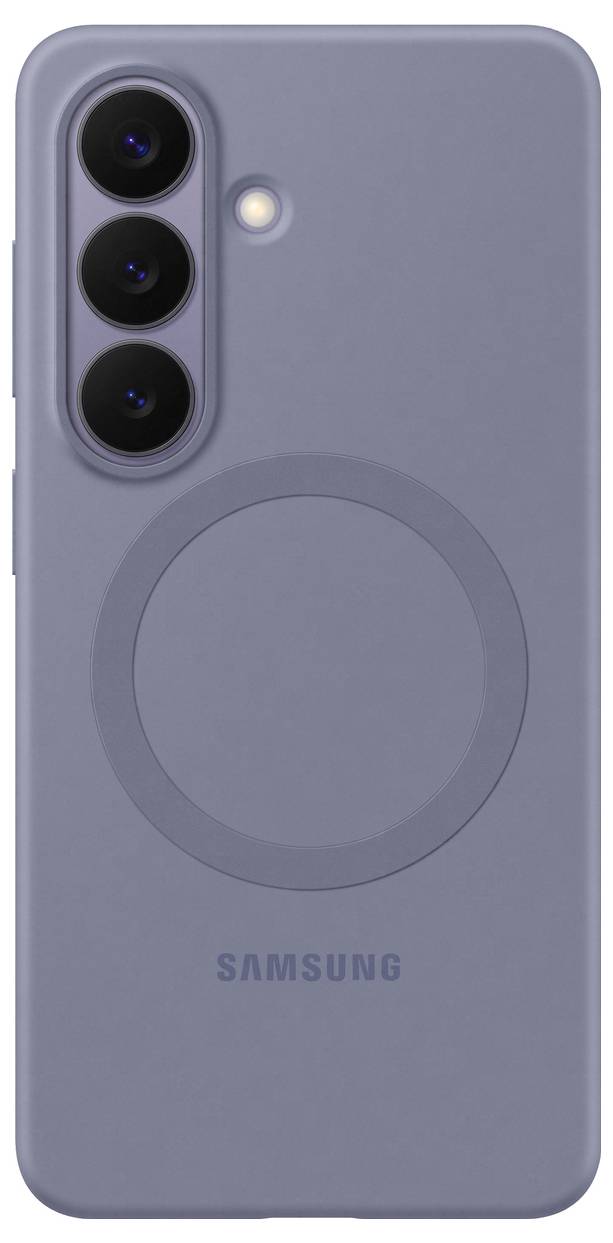 Samsung-smartphone met een drievoudige cameraconfiguratie en een lichtblauw hoesje. Het hoesje heeft een rond ontwerp aan de achterkant.