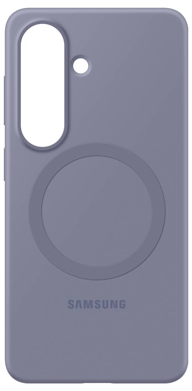 Een grijze smartphonehoesje met een cirkeldesign in het midden en het woord 'Samsung' onderaan afgedrukt.