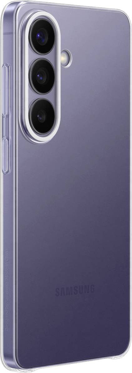 Een slanke, lavendelkleurige smartphone met drie achteracameras verticaal gepositioneerd op de achterkant.